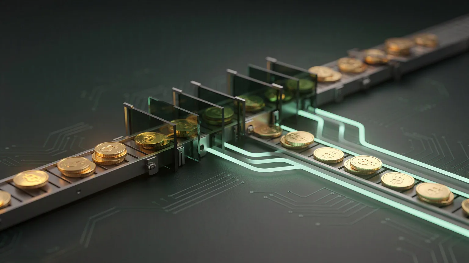 Gold coins on a conveyor, sorted into separate glowing lanes by glass gates.
