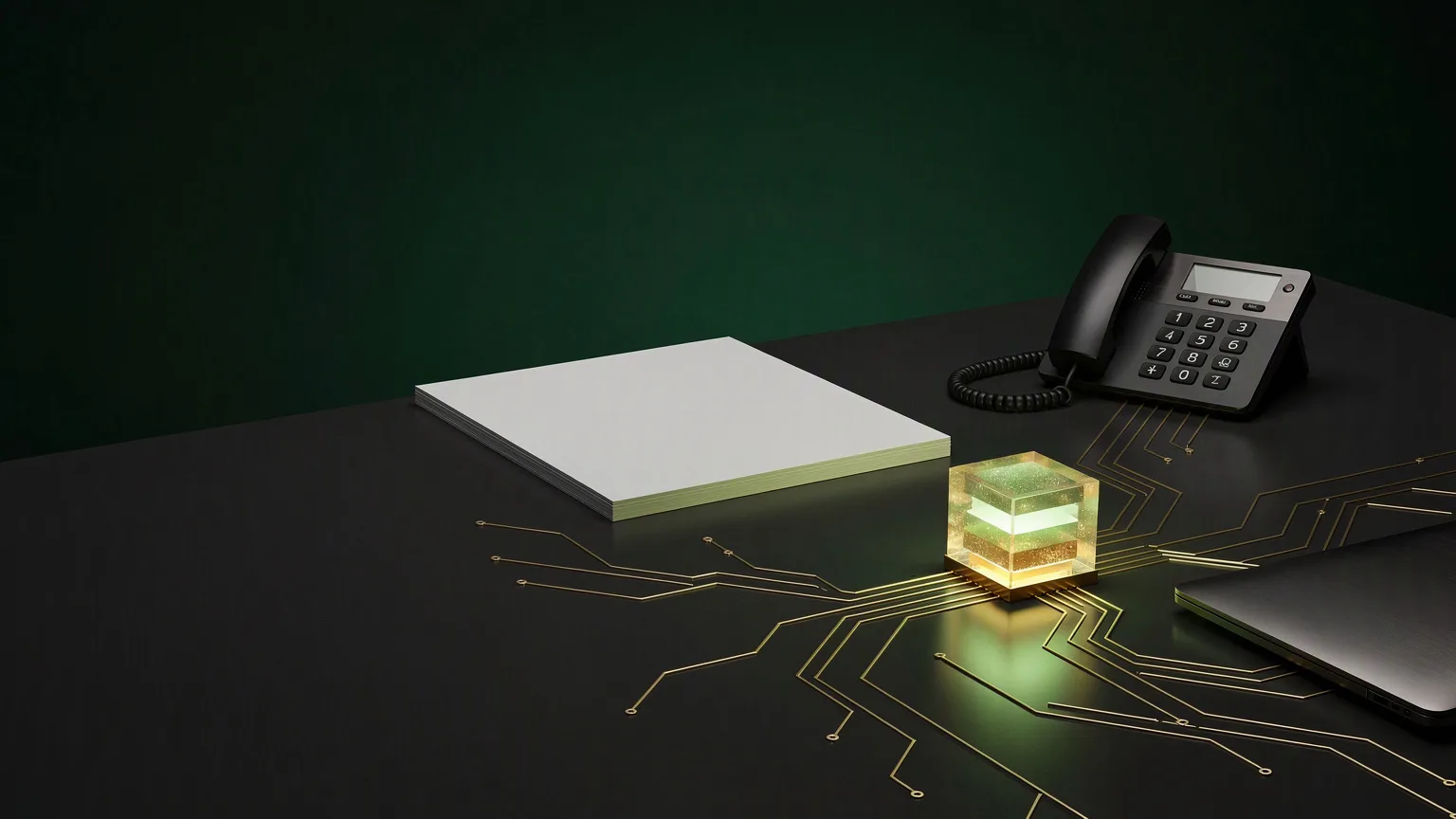 A glowing core on a desk sends gold circuit traces to a stack of paper, a phone and a laptop.
