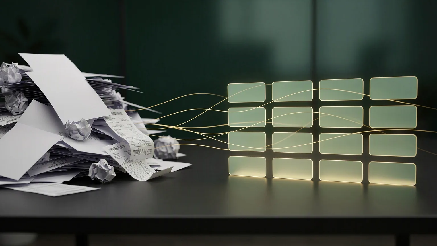 Loose papers on a desk turning into neat rows of glowing data cards.