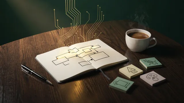 An open notebook with a hand-drawn flowchart beside a coffee cup, with gold circuit lines rising from the page.