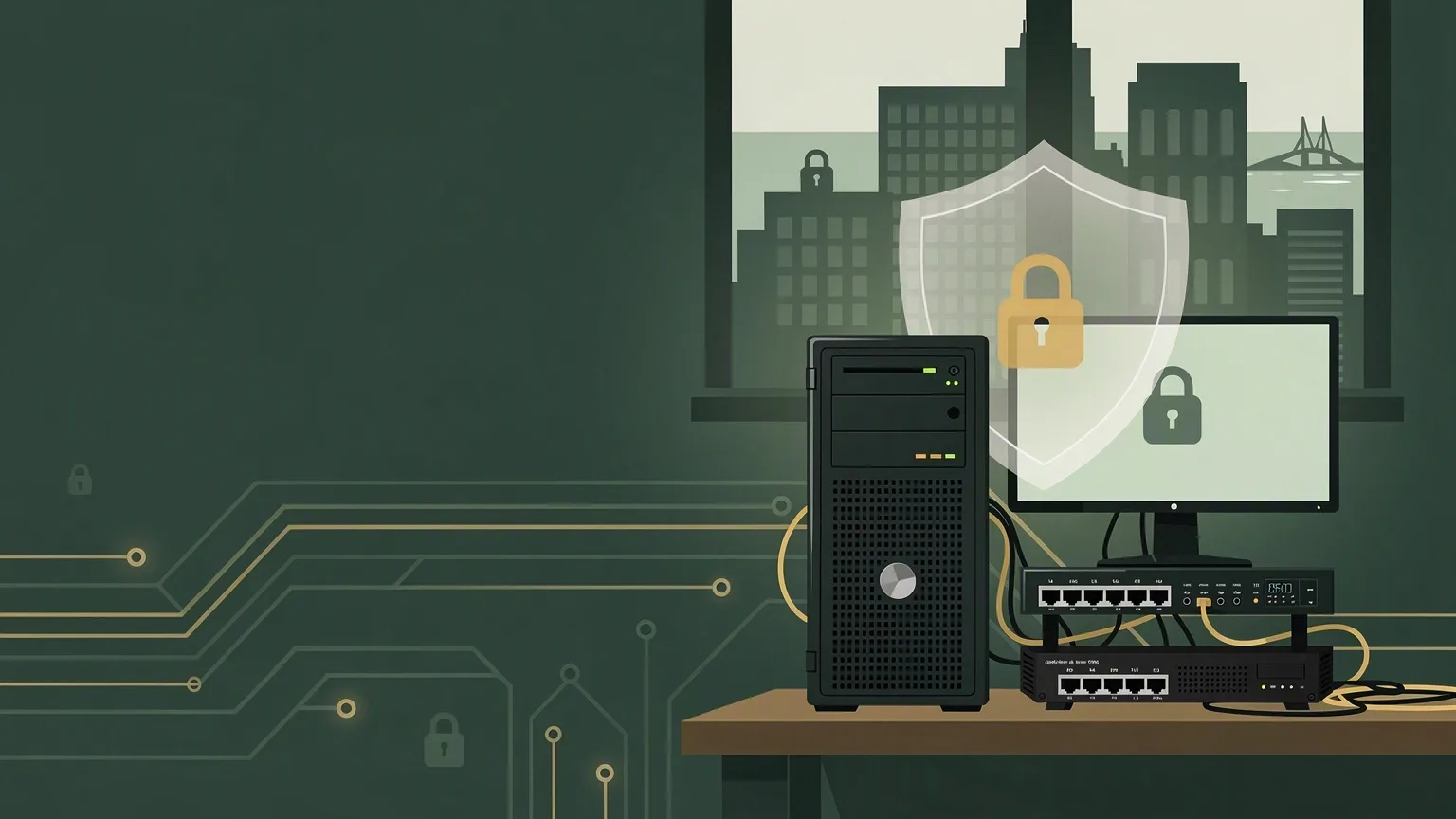 A tower computer, monitor and two network switches on an office desk under a shield with a gold padlock, with city buildings through the window.
