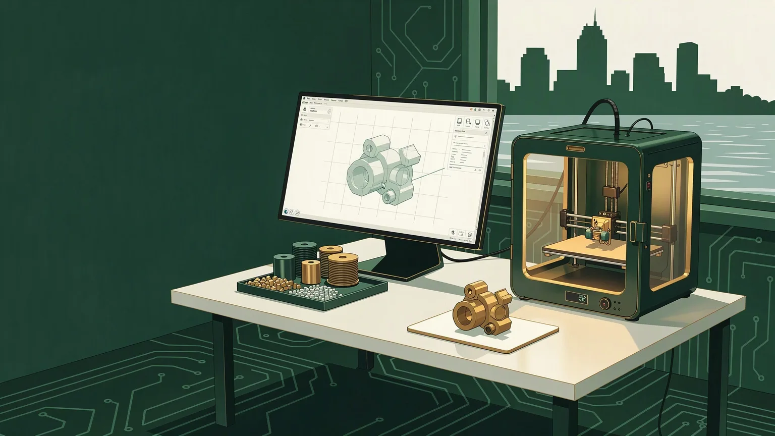 A monitor showing a CAD model of a part, an enclosed 3D printer printing it, and the finished part on the desk, with a city skyline over water through the window.