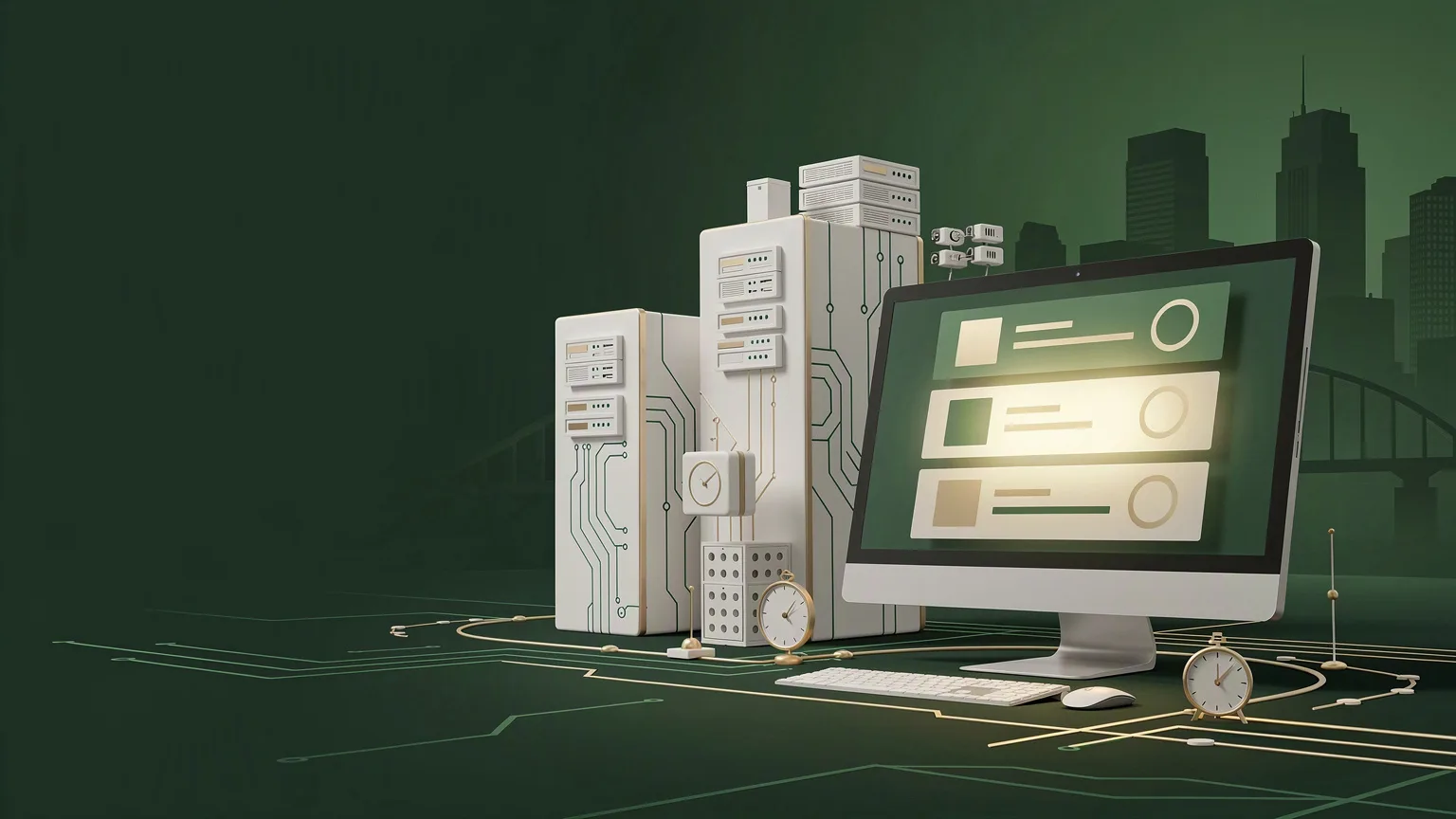 A desktop monitor showing a simple page layout beside a stack of white server towers and two small clocks, with a city skyline behind.