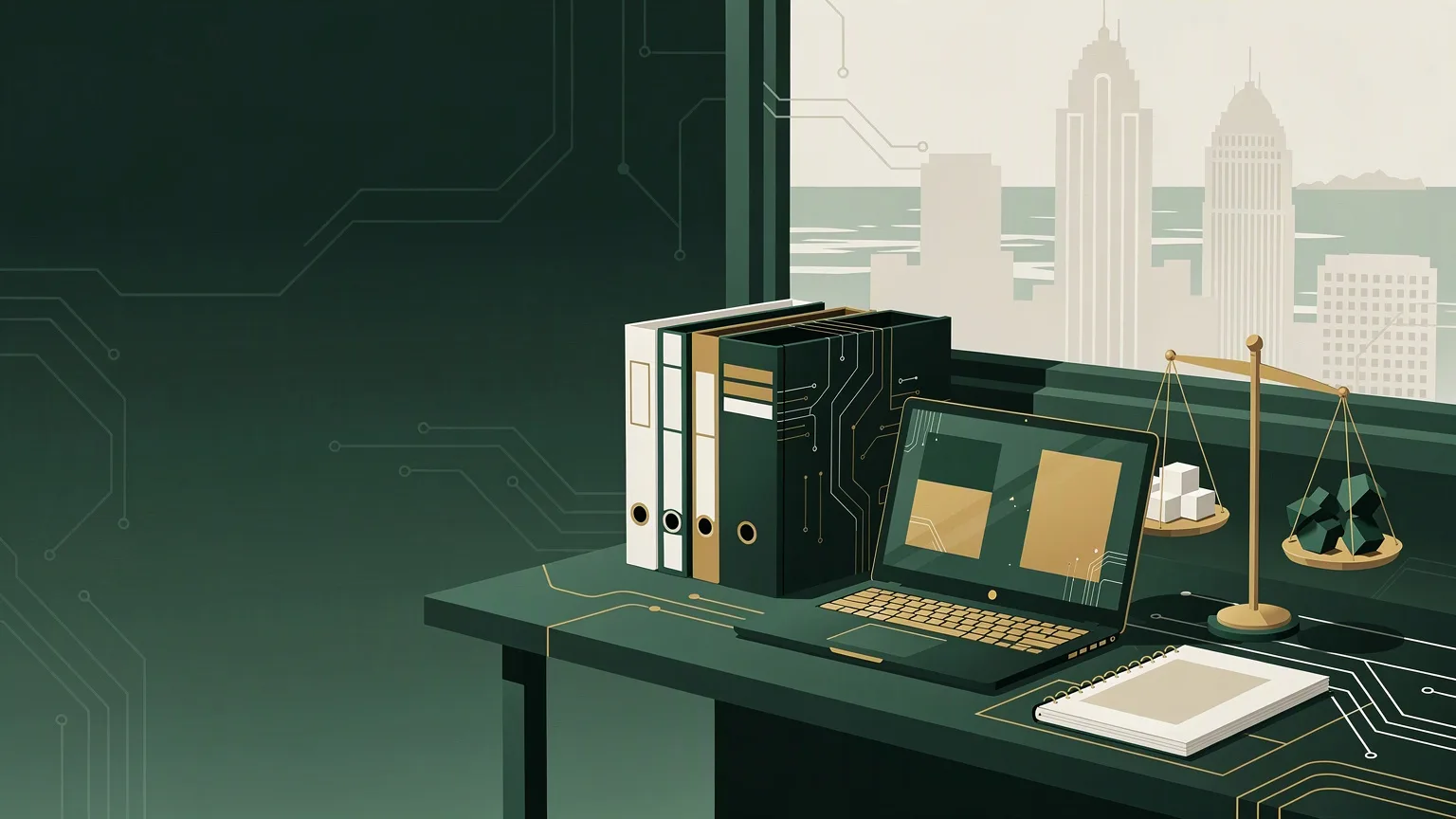 A laptop, a row of binders, a notebook and a balance scale on a desk by a window overlooking city towers.