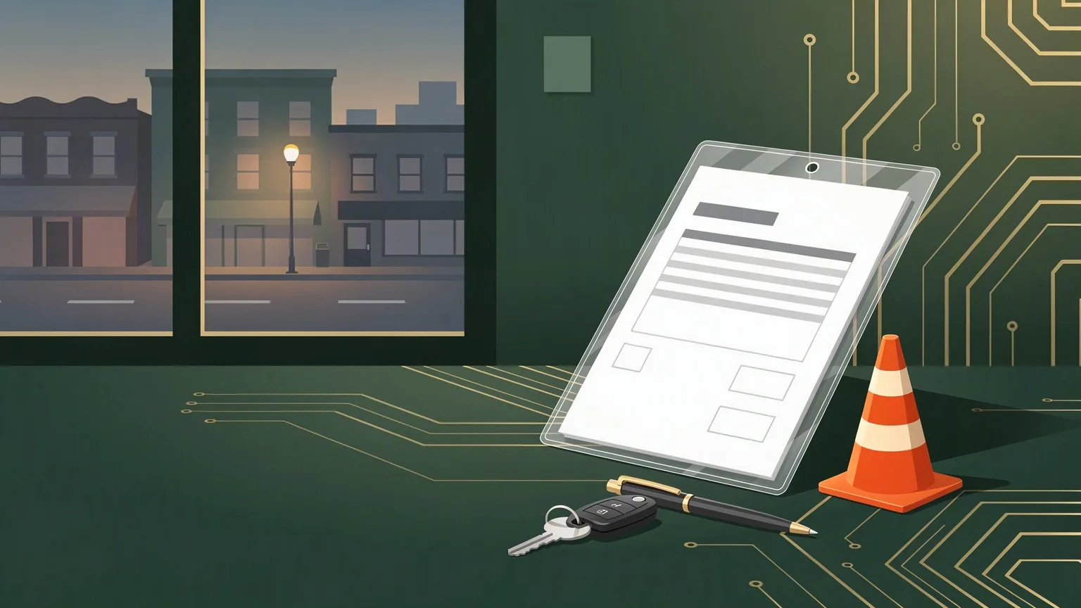 A report in a clear plastic sleeve beside a car key, a pen and an orange traffic cone, with a city street at dusk through the window.