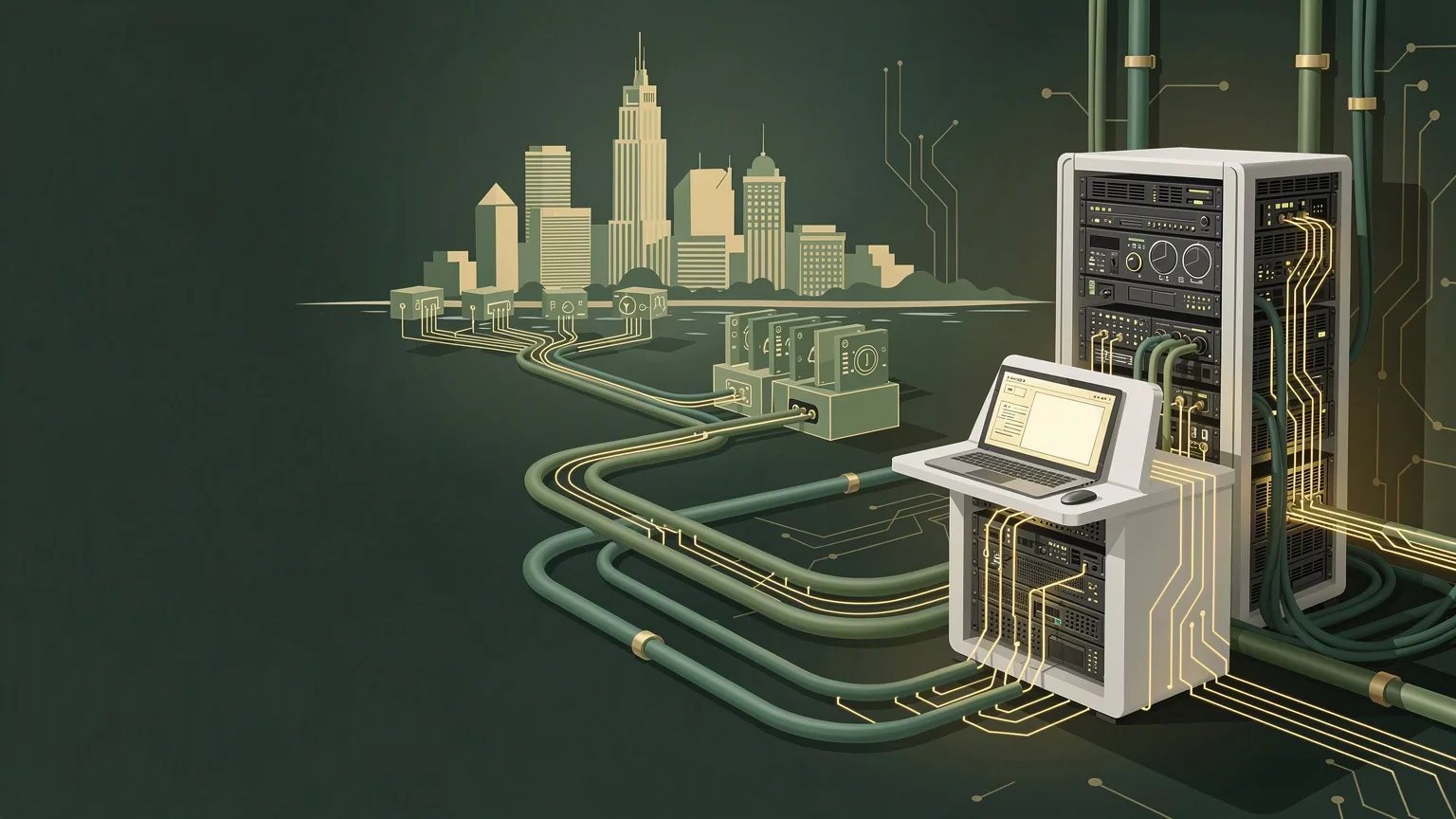 A laptop on a stand beside a server rack, with cables running out to a row of small boxes near a city skyline.