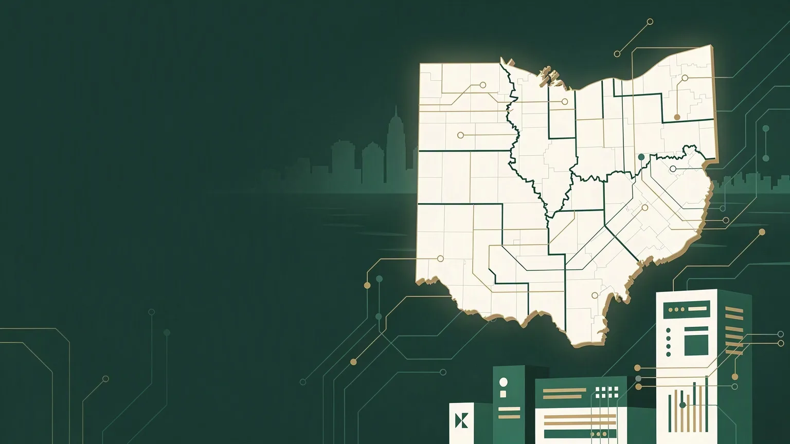A map of Ohio divided into counties, with a few small data panels and a city skyline in the background.