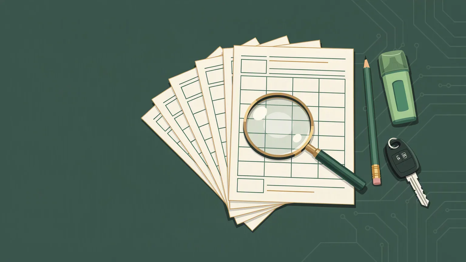 A magnifying glass over a fanned stack of blank forms, with a pencil, a highlighter and a car key beside them.