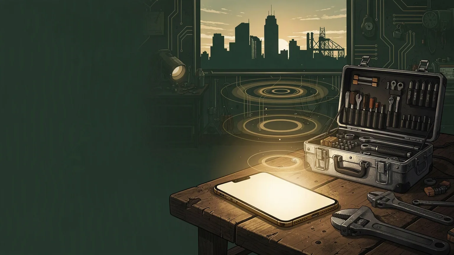 A smartphone glowing on a workbench beside an open toolbox and wrenches, with rings rising from it as it rings and a city skyline through the window.