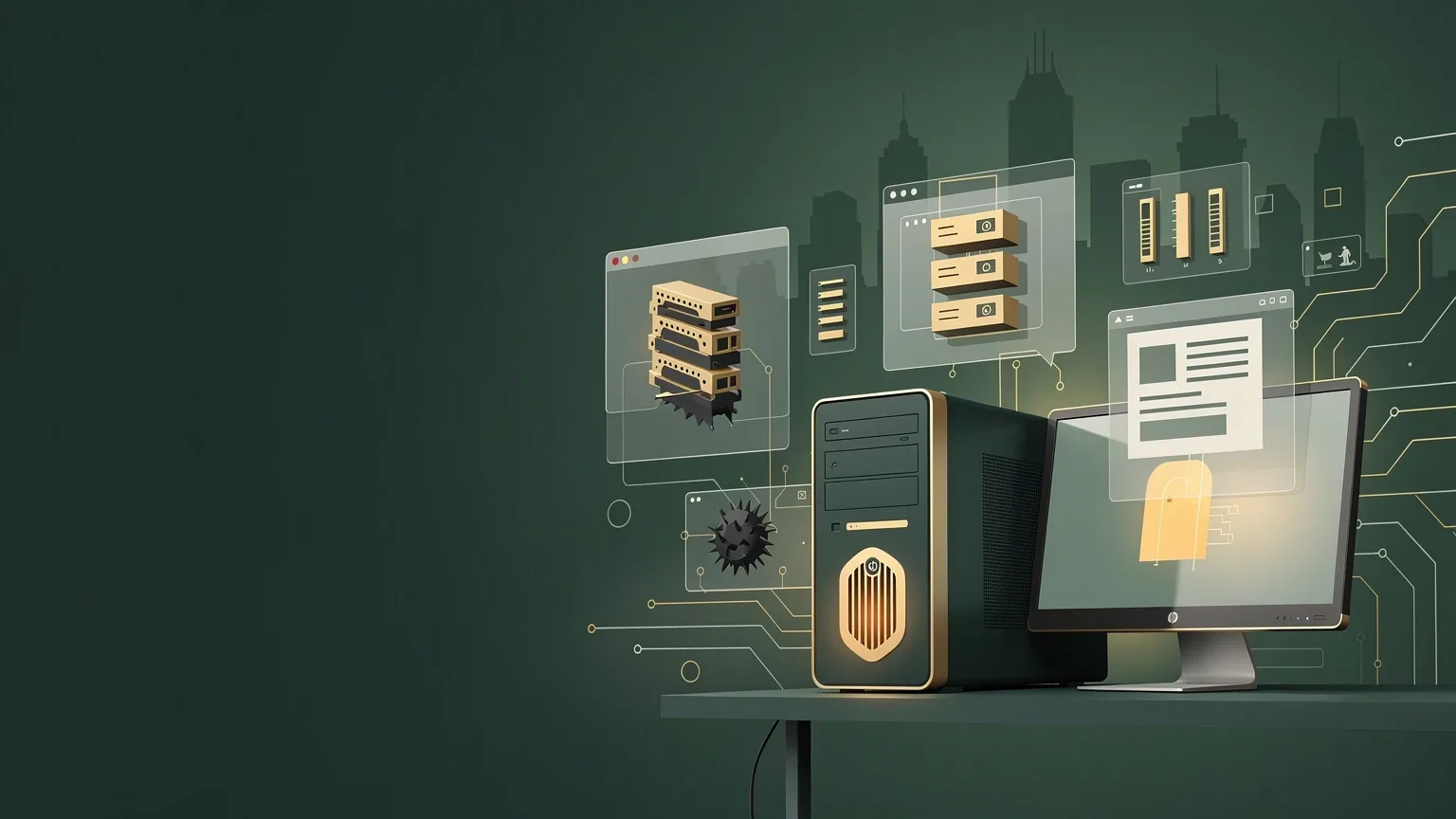 A desktop tower and monitor surrounded by floating panels showing drives, memory and a computer bug.