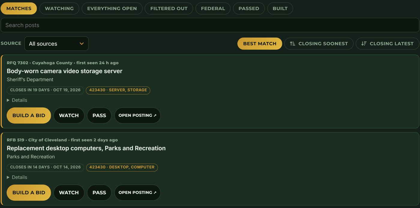 The solicitation queue: open postings with their closing dates and the matching NAICS code and keywords, each with Build a bid, Watch and Pass buttons