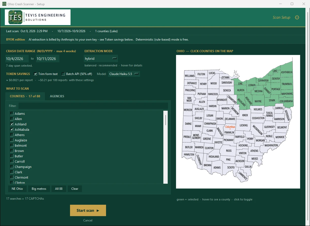 Ohio Crash Scanner setup screen: crash date range, extraction mode, model and token-saving options, a county list with presets, and an Ohio map with seventeen Northeast Ohio counties selected.