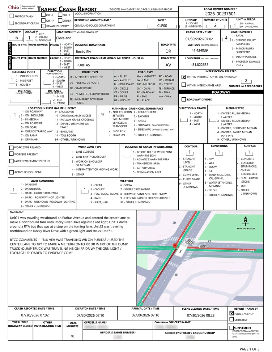 A sample Ohio OH-1 traffic crash report, page 1, opened from a lead's PDF link.