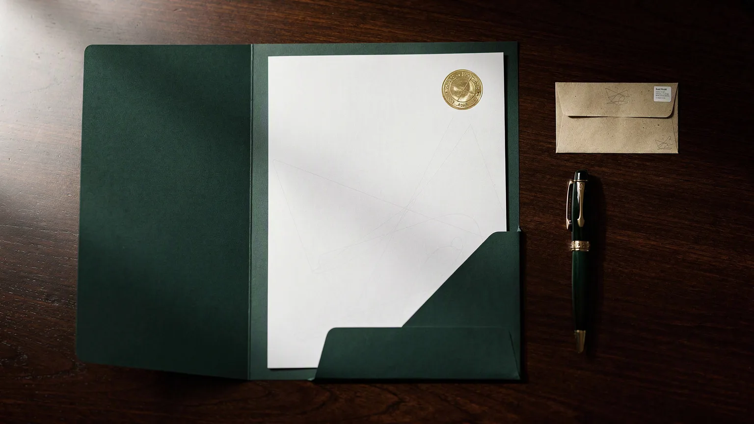 Certificate with a gold foil seal in a green folder beside a pen and a sealed envelope