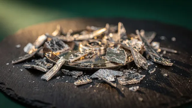 Shredded hard drive fragments and broken platter pieces on a dark surface