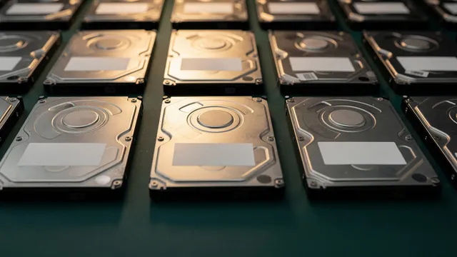 Retired drives and SSDs laid out in a neat grid, each sealed and tagged