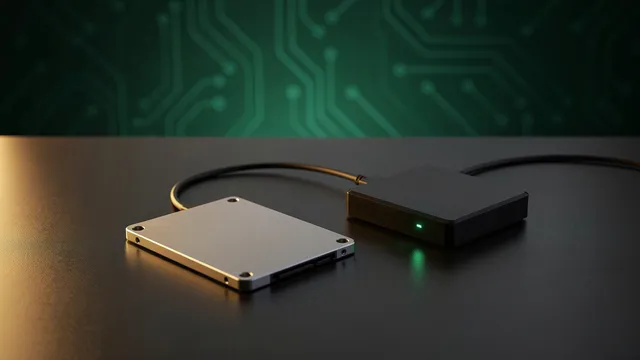 Solid-state drive connected to a drive dock with a green status light