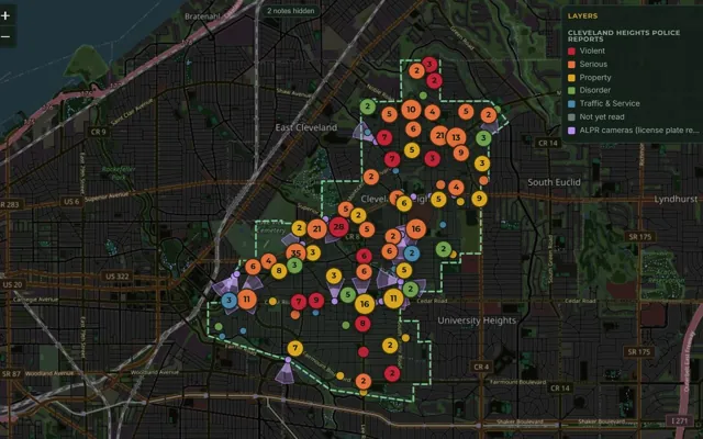 The Cleveland Geo Visualizer: Cleveland Heights police reports as colored clusters with license-plate camera locations over them