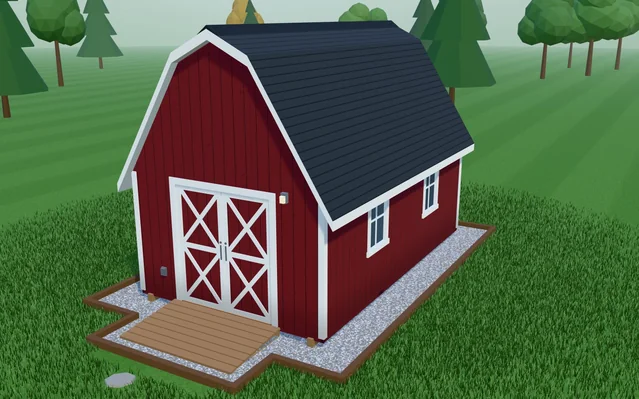 The 3D Shed Builder: a barn-red lofted barn with a charcoal gambrel roof and a wooden ramp, rendered live in 3D