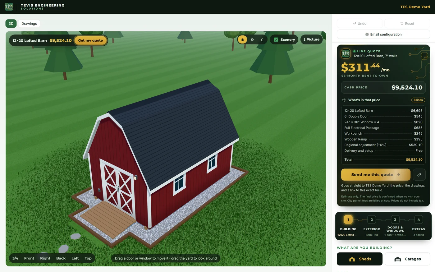 A 3D shed configurator showing a building being designed with options and a live price