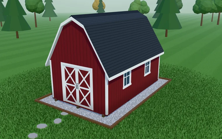 A barn-red lofted barn rendered in 3D with a charcoal gambrel roof, white trim, a six-foot double door on the gable end and two windows along the side wall, on a gravel pad.
