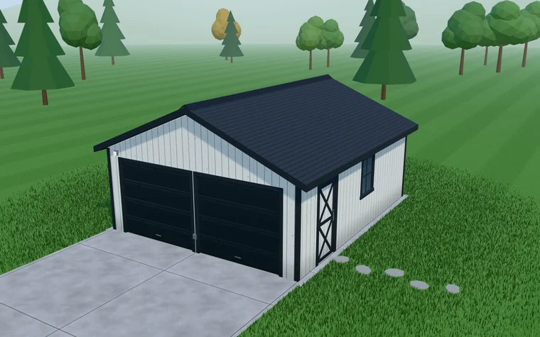 A white two-car garage rendered in 3D with black trim and a charcoal roof: two 8-foot garage doors on the front, a walk-in door and a window on the side, and a concrete drive.