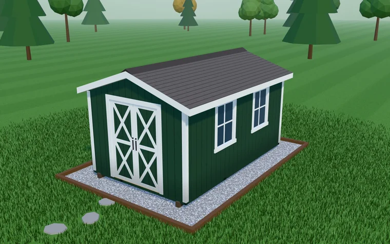 A hunter-green utility shed rendered in 3D with a weathered-wood gable roof, white trim, a double door on the gable end and two windows on the side wall, on a gravel pad.