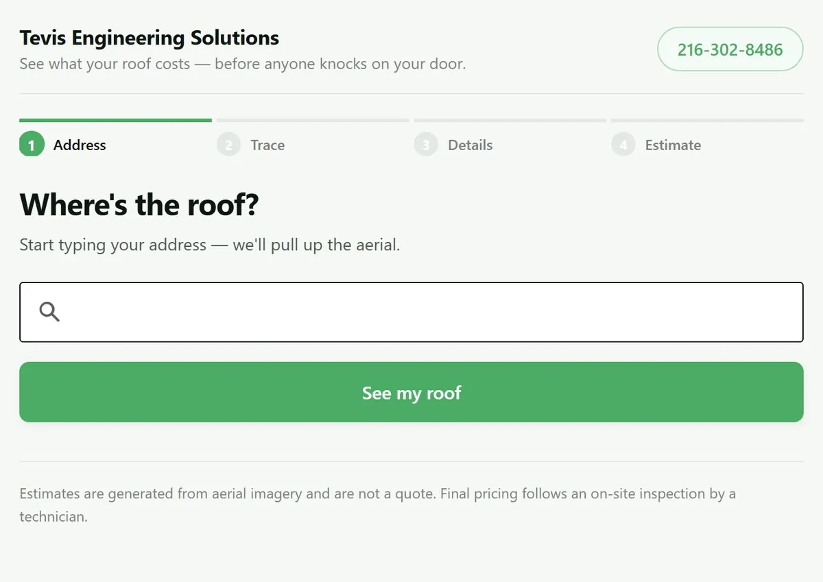 The first step of the ShingleAI estimator: a branded header with the contractor's name, tagline and phone number, a four-step progress bar, and an address box headed Where's the roof?