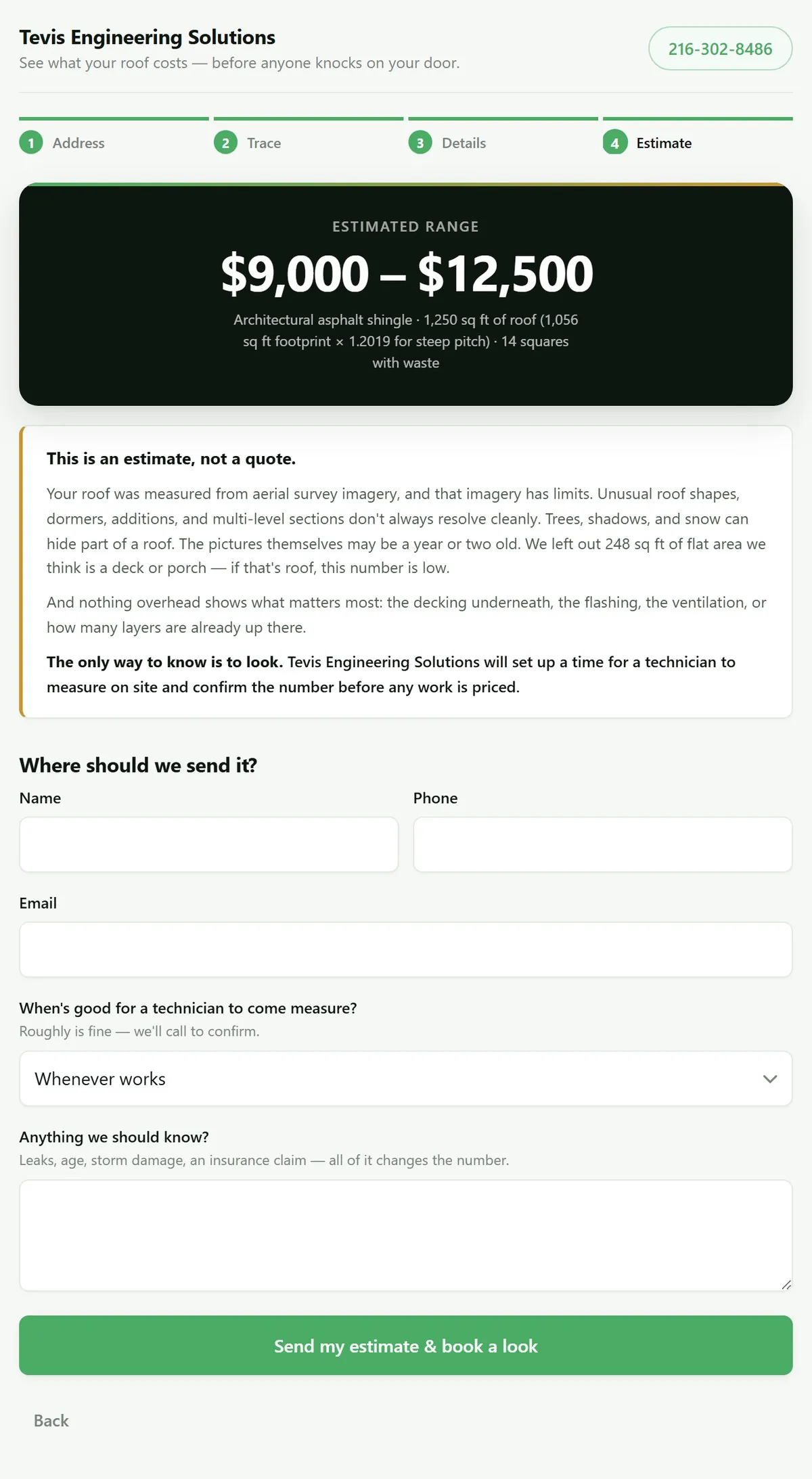 The ShingleAI estimator on the Estimate step: an estimated range of 9,000 to 12,500 dollars with the material and square-footage math beneath it, a plain-English accuracy notice, and a short contact form to send the estimate and book a technician.