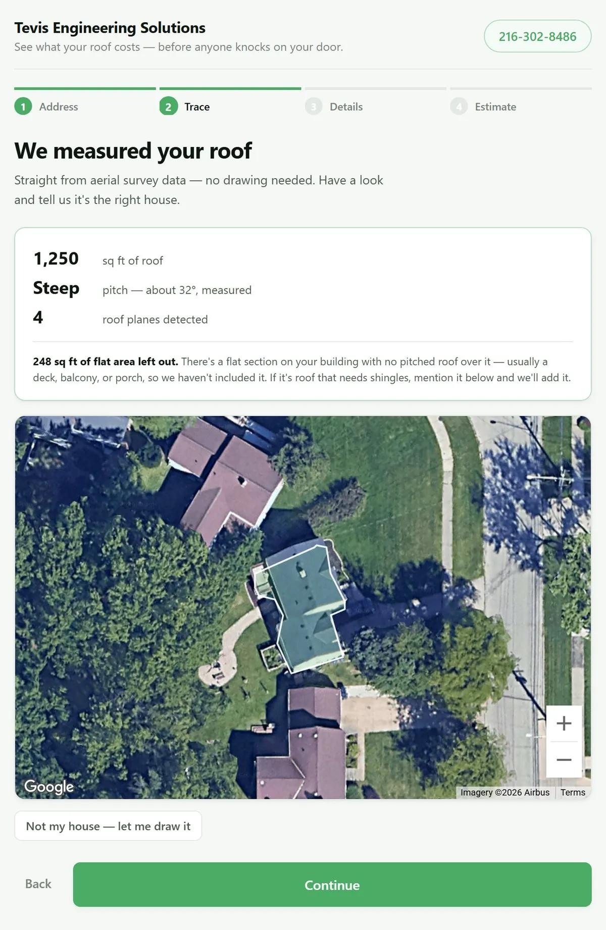 The ShingleAI estimator on the Trace step: a card reading 1,250 sq ft of roof, steep pitch measured at about 32 degrees, and 4 roof planes detected, above a satellite view with the roof outline drawn on the house.