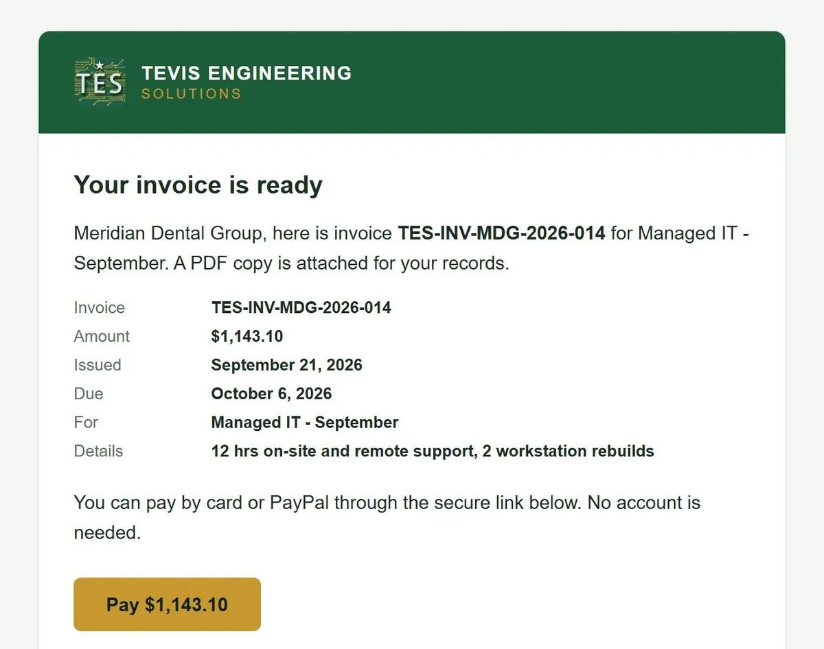 A branded TES invoice email with the amount, due date and a gold Pay button
