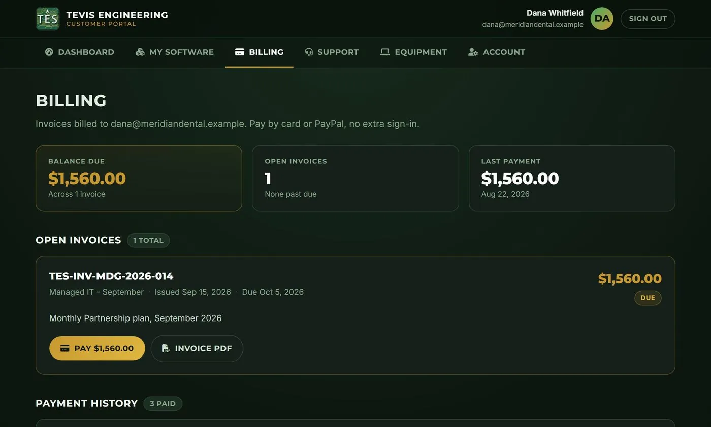 The TES customer portal billing page showing a balance, an open invoice with a Pay button and payment history