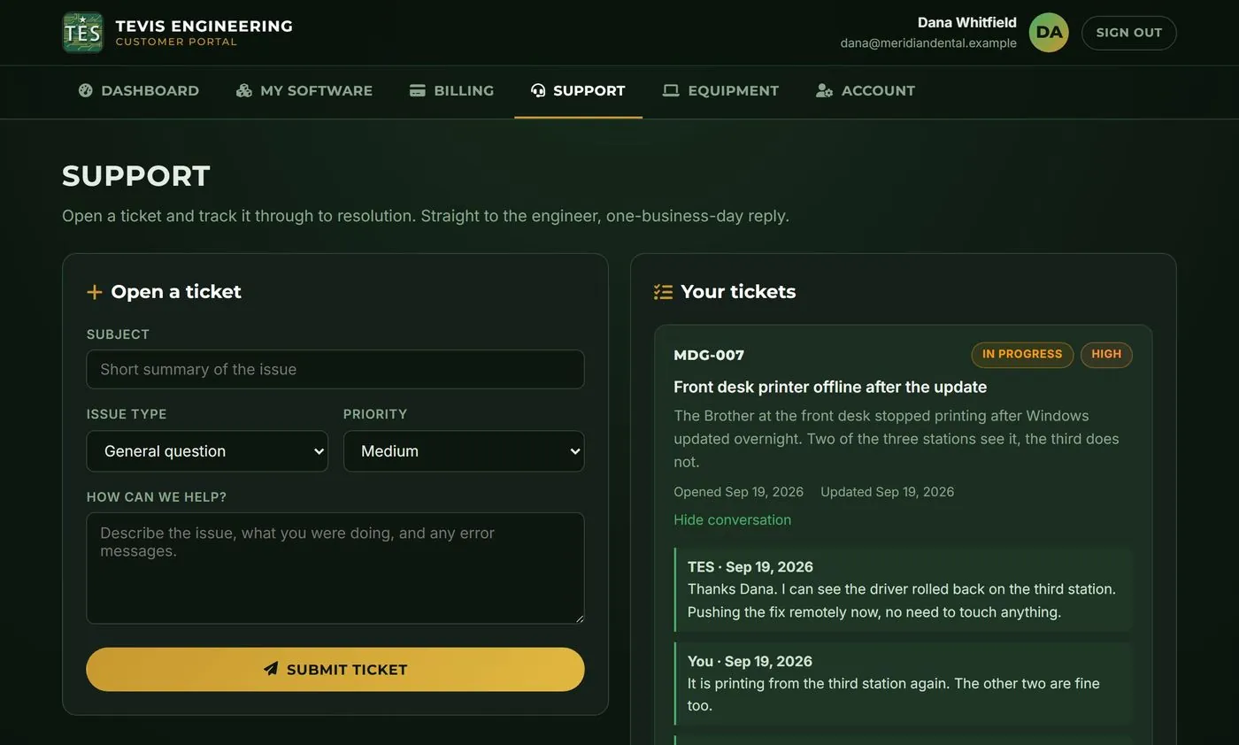 The TES support page with a ticket form and a threaded conversation on an open ticket