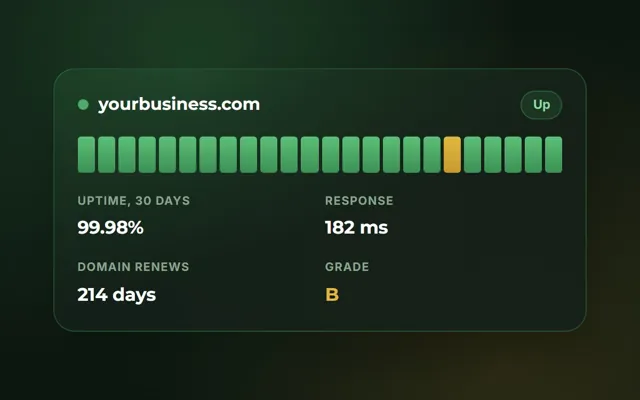 Website Watch status card: a site marked up, uptime checks and a B grade